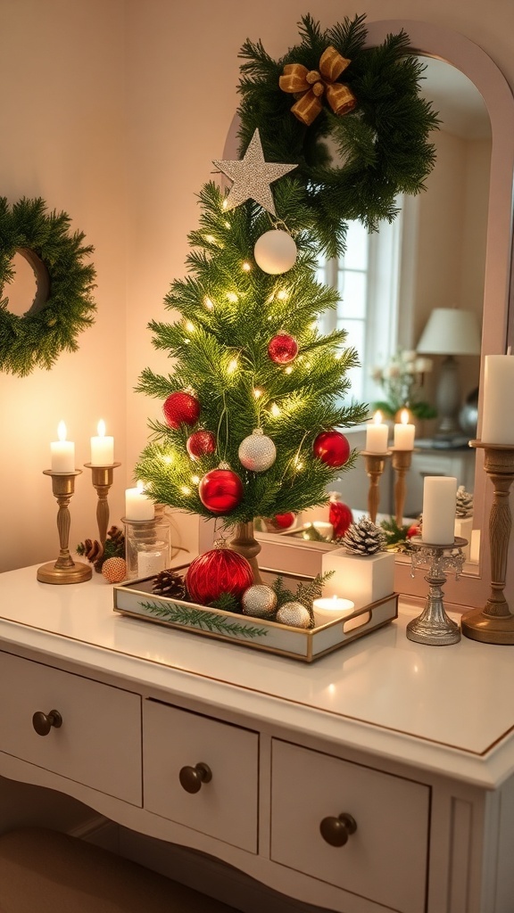 A Christmas-themed vanity decorated with lights, ornaments, and candles.